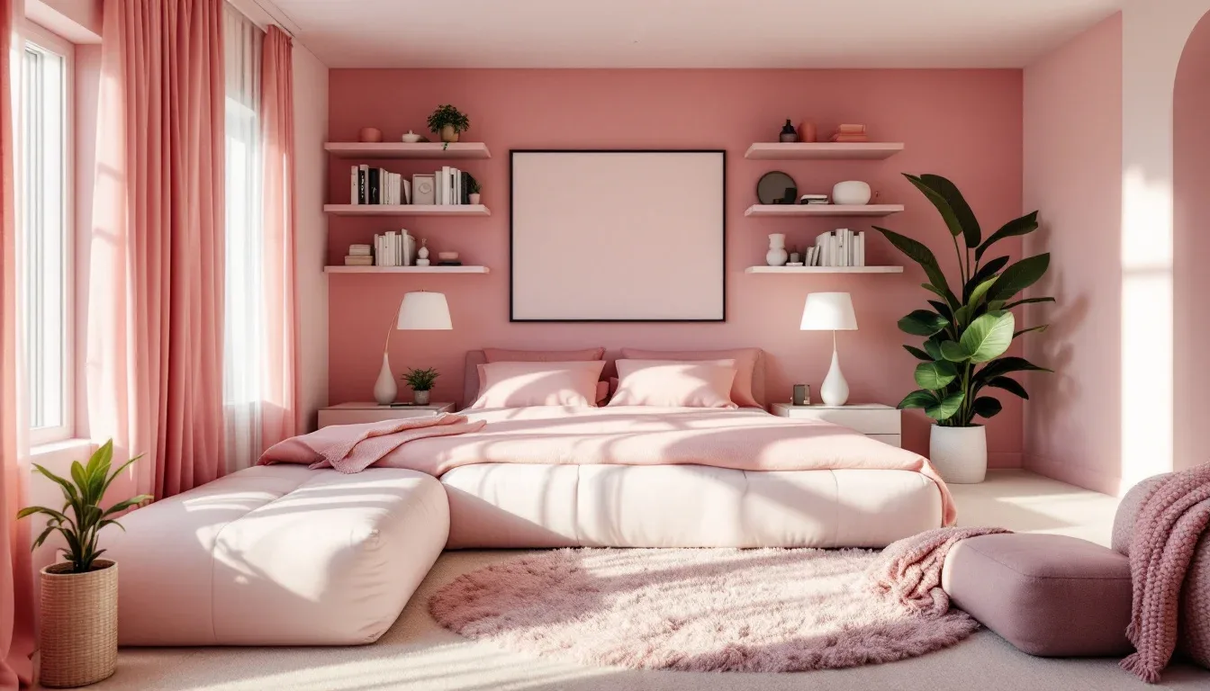 Pink bedroom with dusty rose walls, blush bedding, white shelves, and natural light for a calming sleep aesthetic