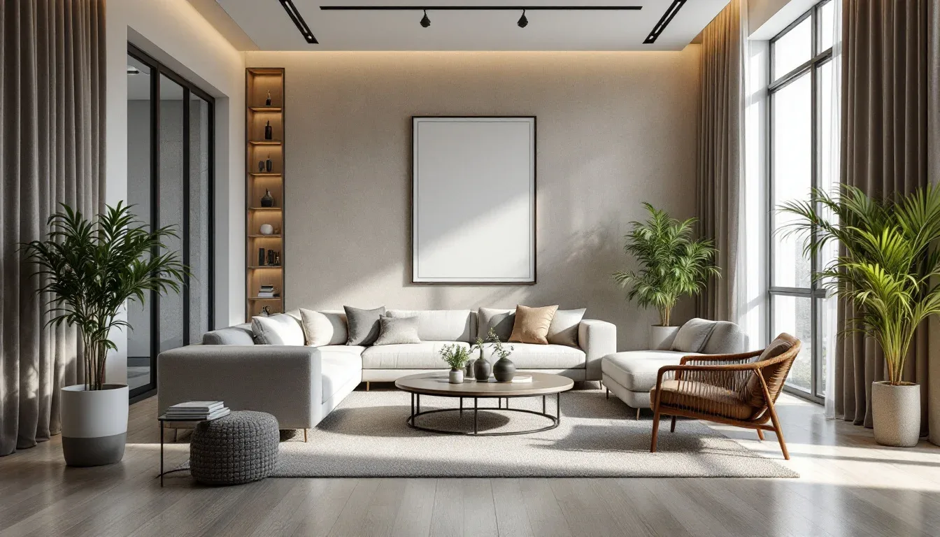 Modern living room with L-shaped sectional sofa illustrating rectangular room layout and furniture arrangement strategie