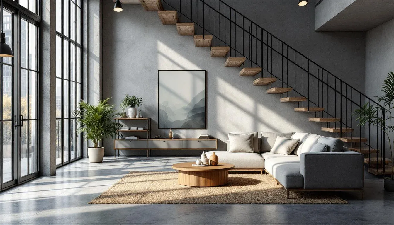 Industrial loft living room with floating wood stairs, black steel railings, concrete walls, and modern sectional sofa