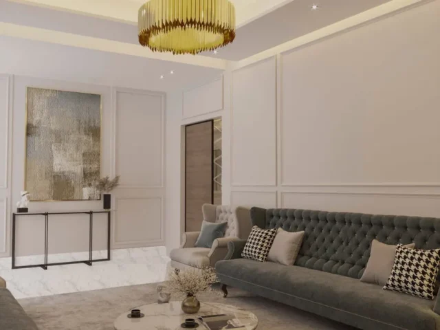 Elegant living room with gray tufted sofa floating