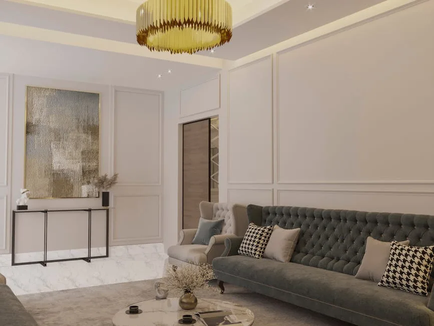 Elegant living room with gray tufted sofa floating