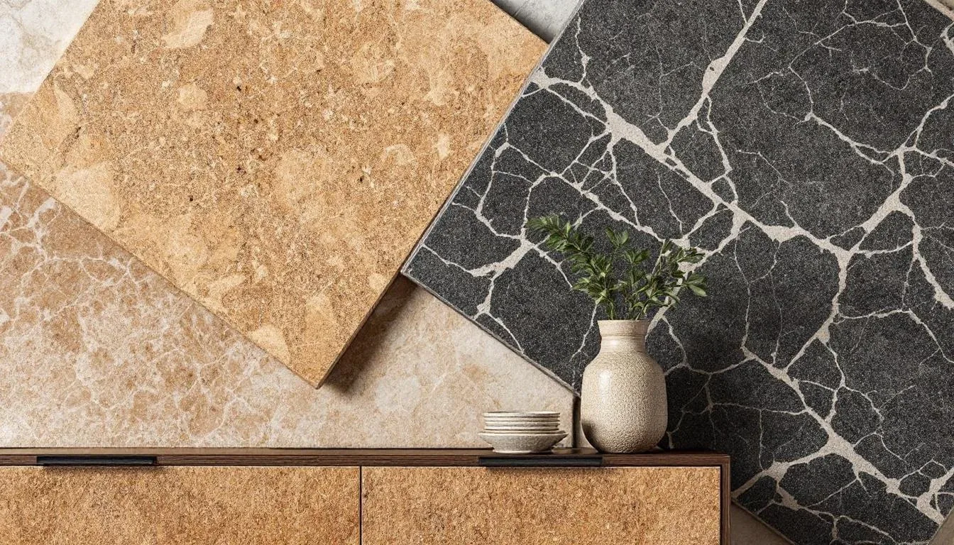 Stone and marble tile samples in beige and dark grey with white veining displayed against a cork-textured sideboard