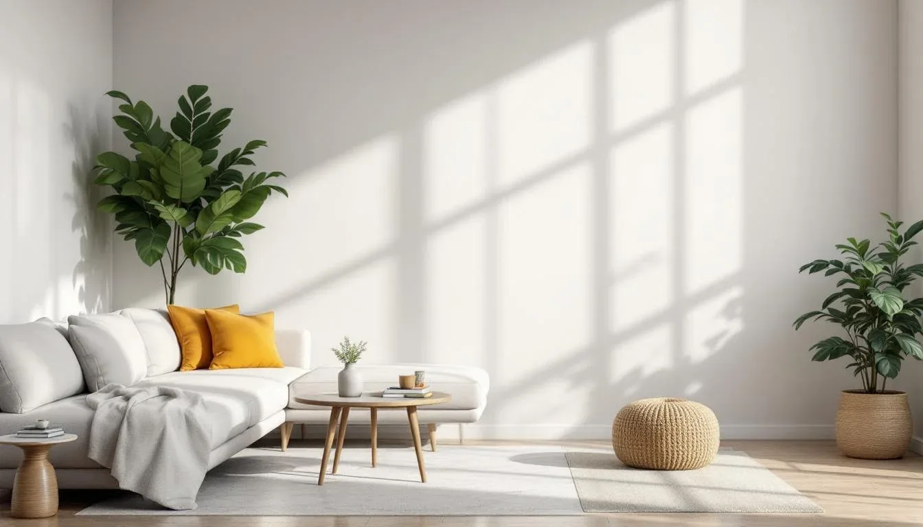 Bright minimalist living room with white sofa, yellow cushions, wooden coffee table, and indoor plants on light wood flo