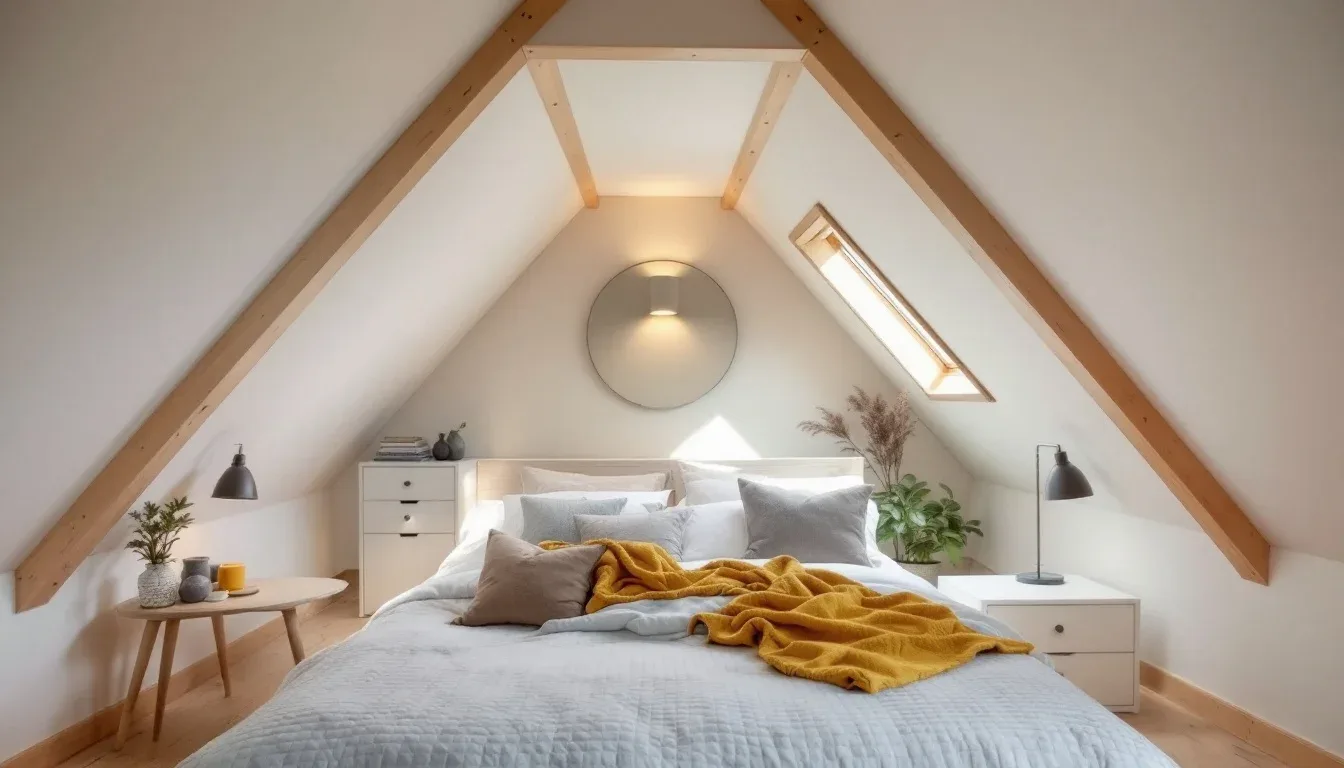 Scandinavian attic bedroom with sloped ceiling, exposed wood beams, skylight, and mustard yellow throw blanket