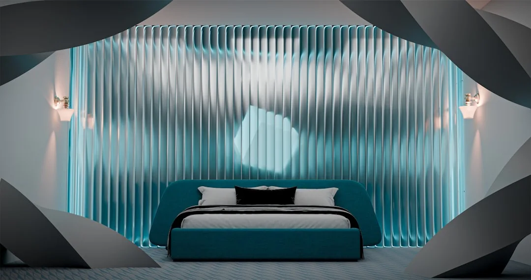 Futuristic bedroom with teal ambient LED lighting behind sculptural wave wall panels and a modern upholstered bed
