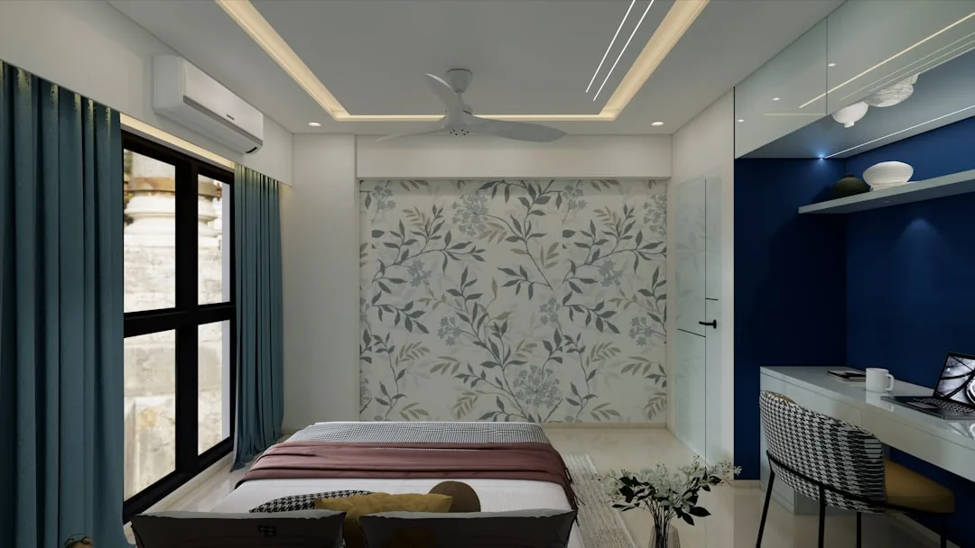 Modern bedroom with queen bed, floral accent wall, 8-foot ceiling, blue curtains and built-in wardrobe design