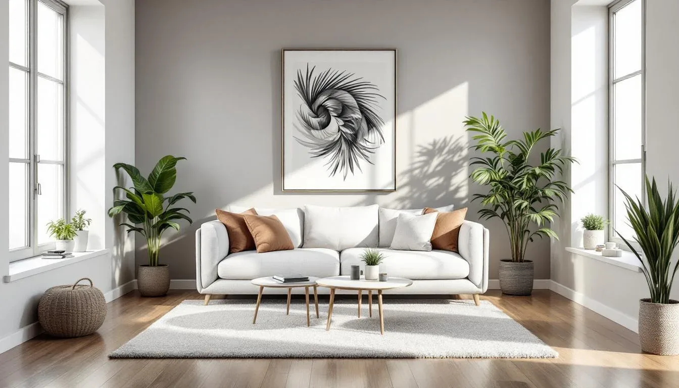 Minimalist Scandinavian living room with white sofa, indoor plants, wooden coffee table, and abstract wall art