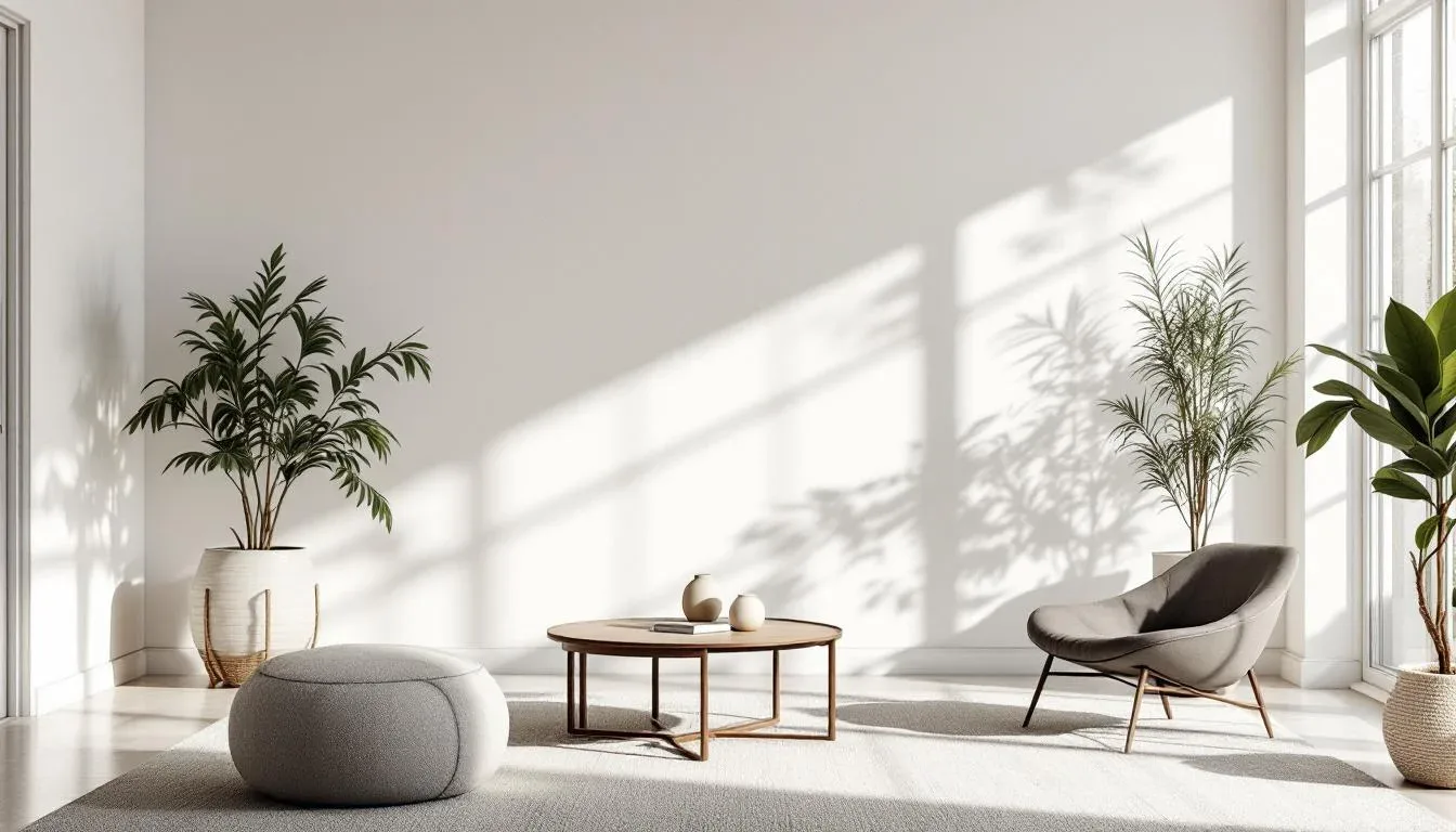 Minimalist white living room with natural light revealing warm and cool undertones on walls and furniture
