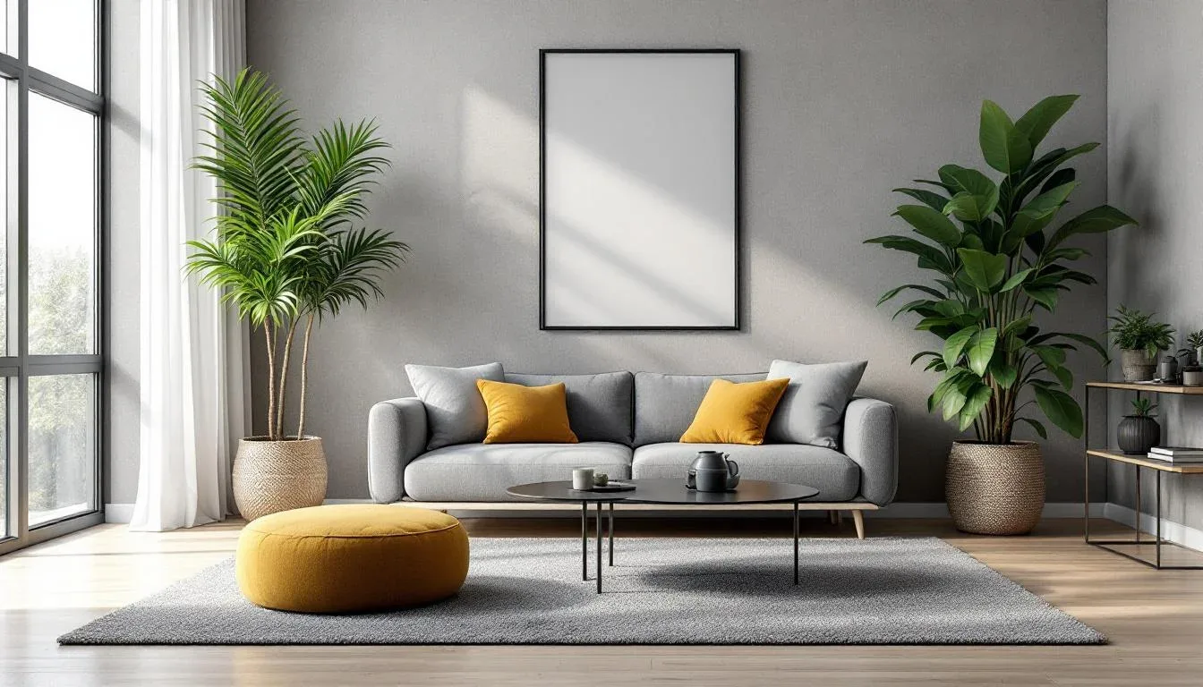Modern living room with gray sofa, mustard cushions, indoor plants, and blank wall frame for paint color selection inspi