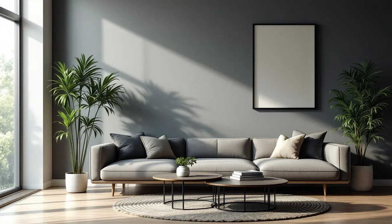 Modern living room with gray walls, neutral sofa, and indoor plants showing paint color selection in interior design