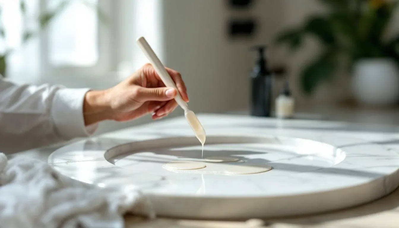 Hand applying white paint or primer with a spatula tool onto a round marble surface as a test patch