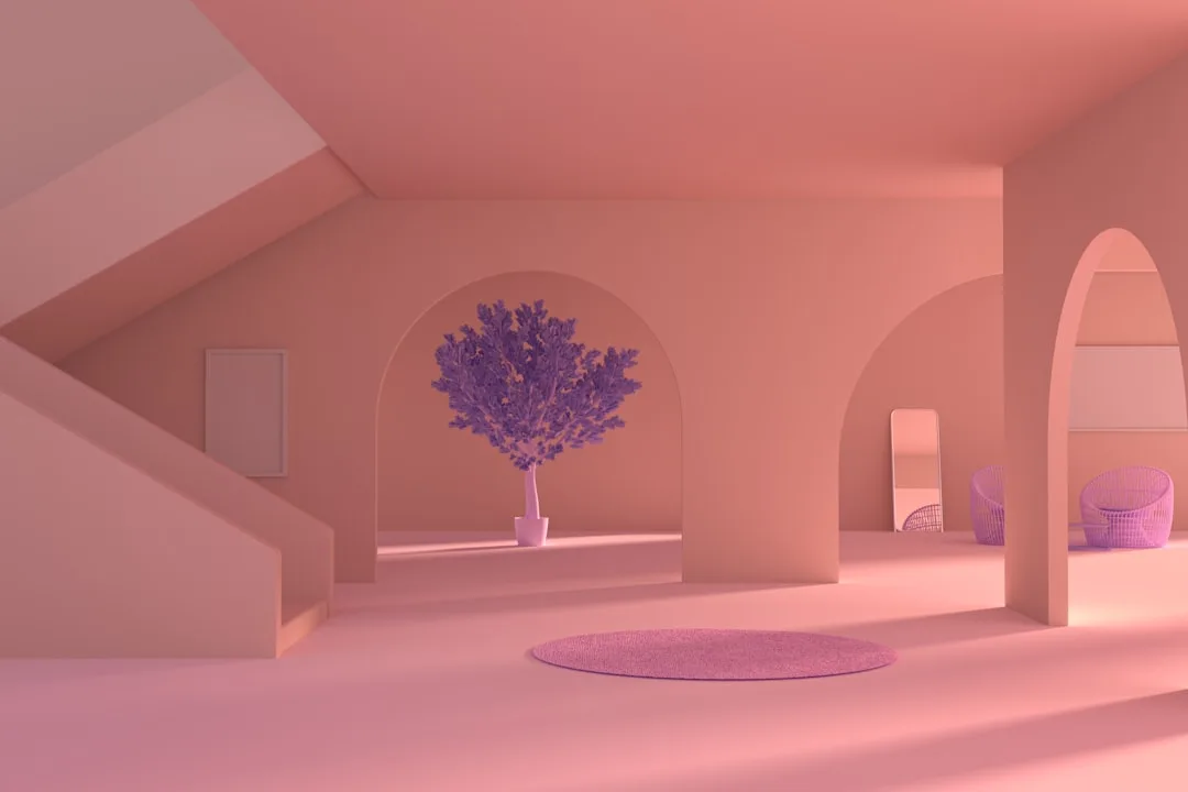 Pink minimalist open floor plan interior with arched doorways showing undertone color shift between connected rooms