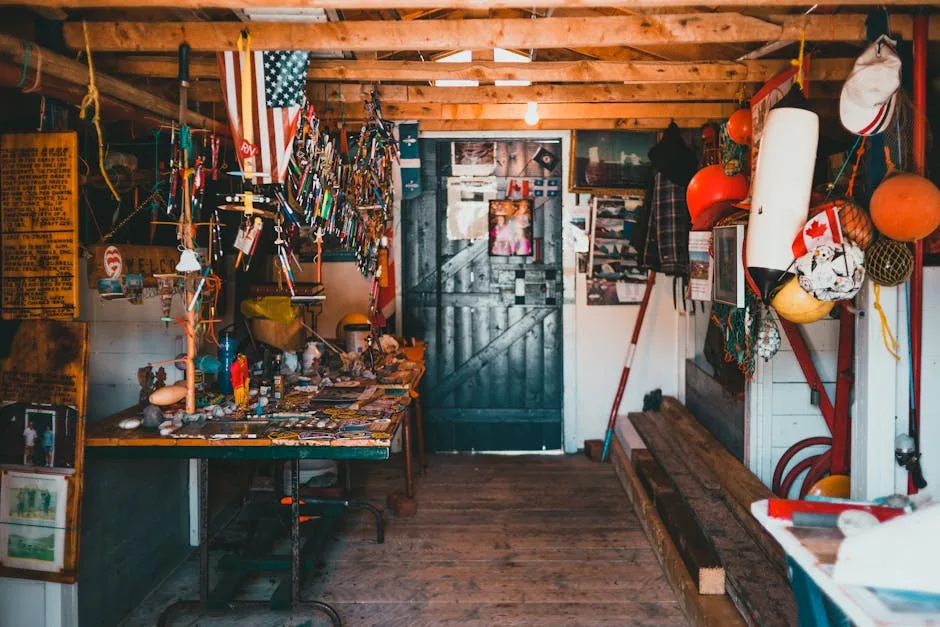 Cluttered wooden workshop shed interior with overcrowded surfaces, hanging tools, and collected items piled on a workben