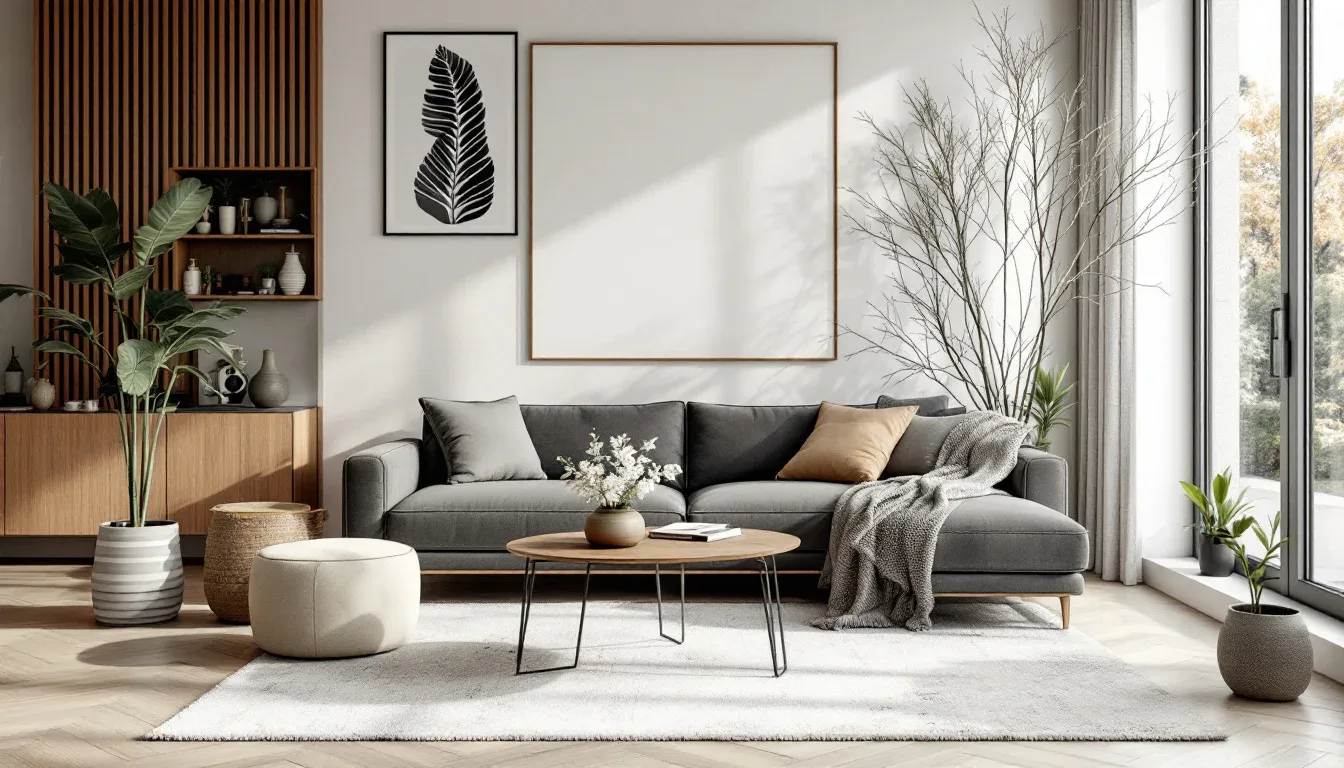 Scandinavian living room styled with odd-number groupings of plants, cushions, and decor objects on coffee table