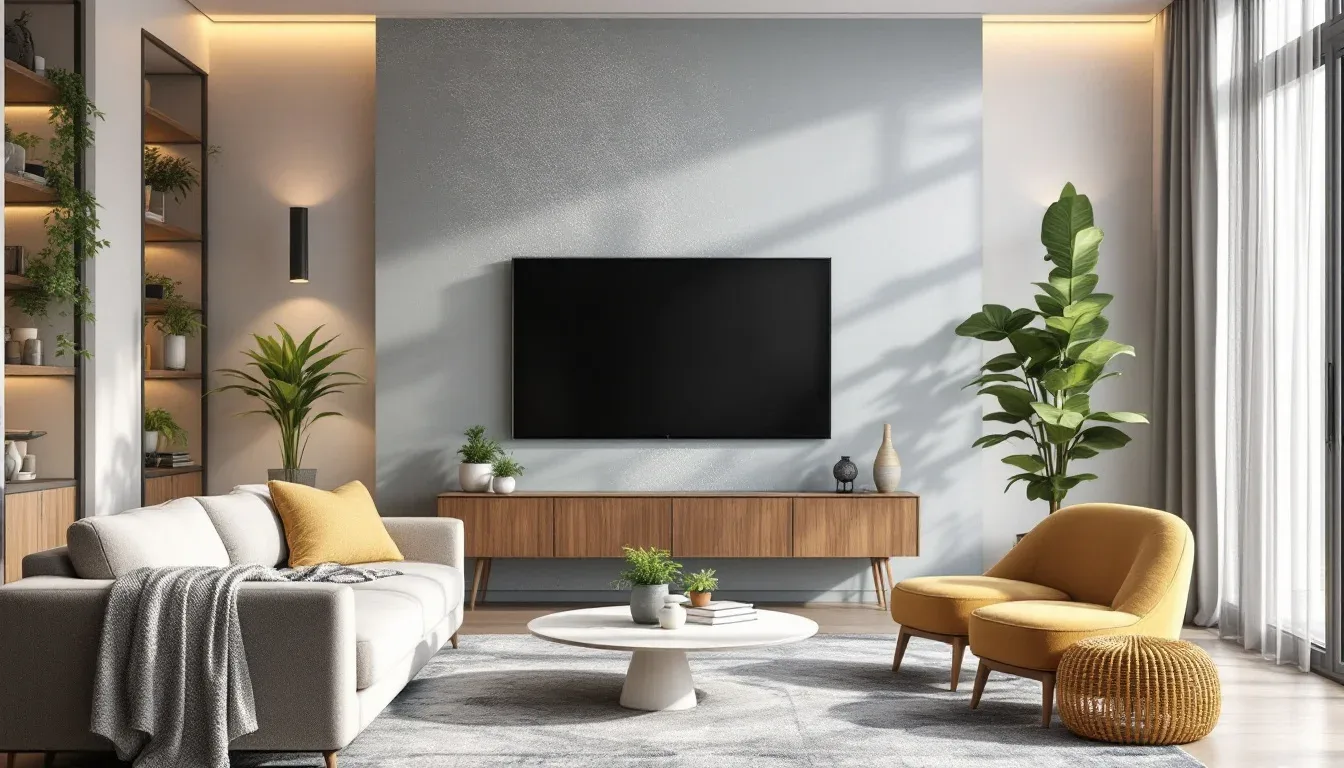 Modern living room showcasing grouped decor in odd numbers with sofa, yellow chair, plants, and TV console arrangement