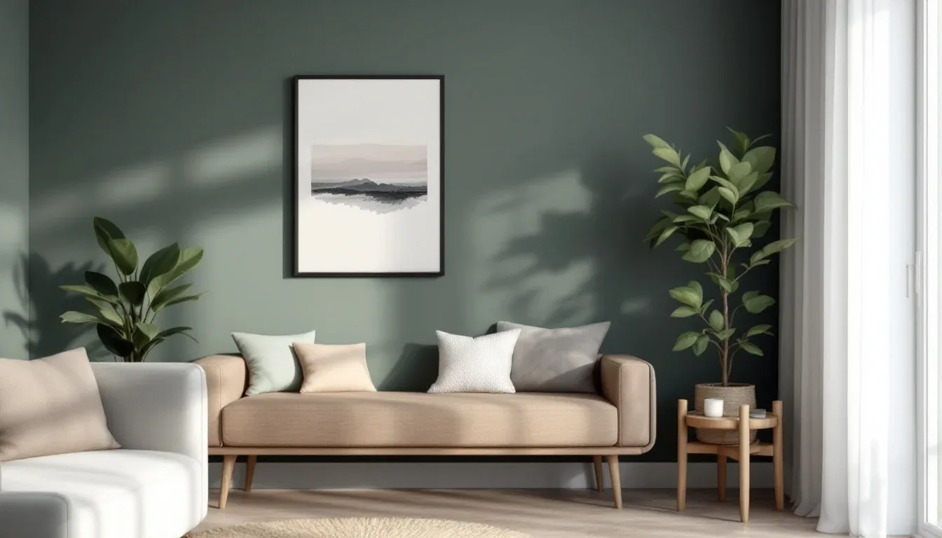 Minimalist living room with odd-numbered decor groupings showing the 3-5-7 decorating rule with plants, pillows, and fra