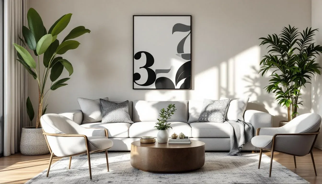 Modern living room styled with 3-5-7 rule using odd-numbered decorative objects on coffee table and accent chairs