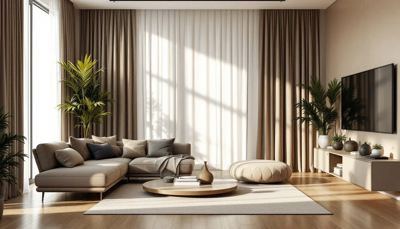 Modern living room applying 60-30-10 rule with brown tones, beige walls, taupe sofa, and warm wood flooring