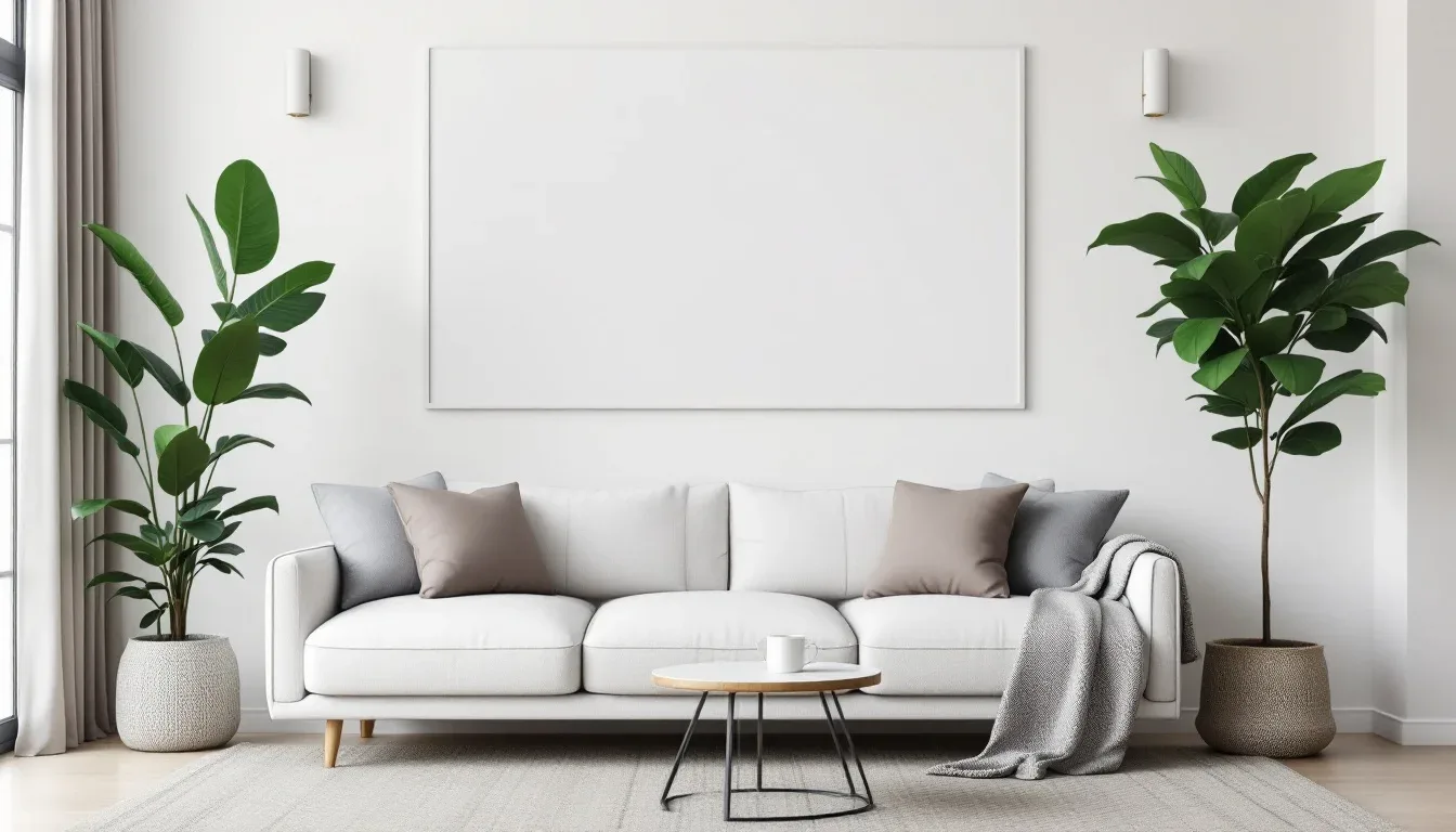 Minimalist living room with white sofa, two potted plants, and blank canvas wall art demonstrating odd-number grouping r