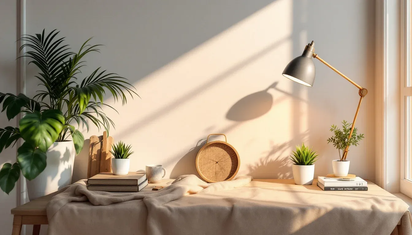 Minimalist home desk with plants, books, lamp and clock in warm sunlight — workspace budgeting and apartment living