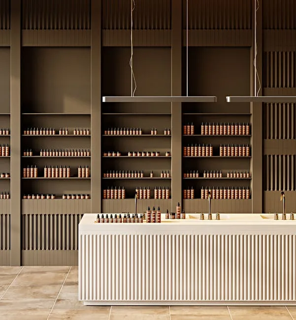 Minimalist retail interior with warm taupe shelving, cream fluted counter, and amber product bottles in neutral tones