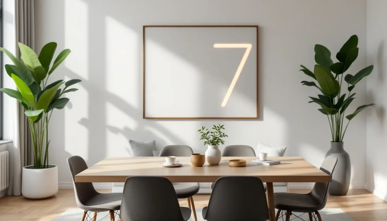 Modern minimalist dining room with wood table, gray chairs, and framed number 7 artwork on white wall