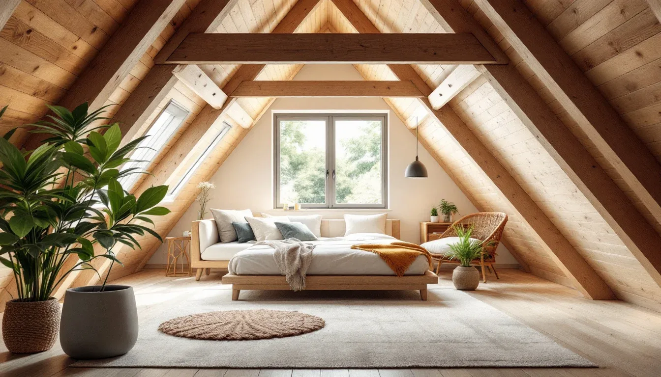 Attic bedroom with exposed wooden A-frame ceiling beams showing sloped roofline and habitable converted loft space