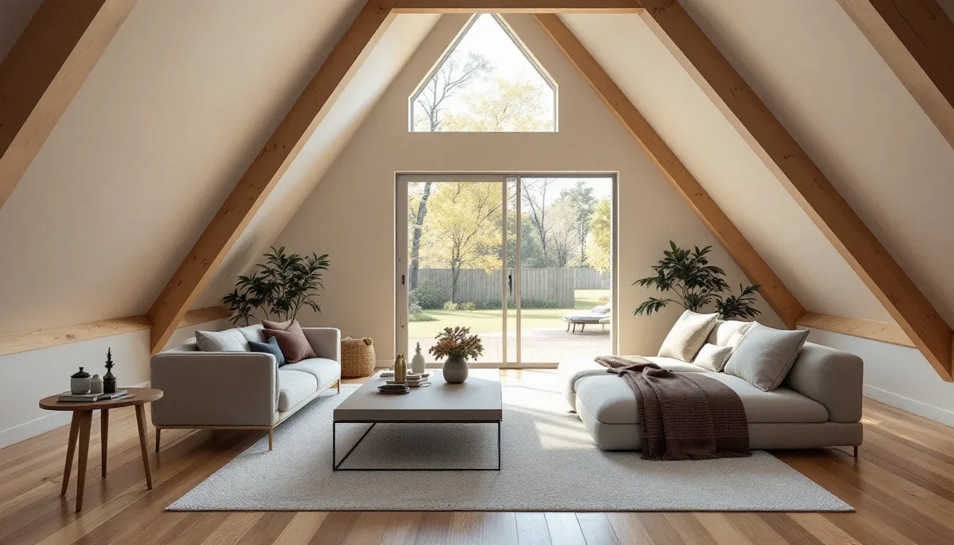 Converted attic living space with exposed wood A-frame trusses, vaulted ceiling, and modern minimalist furniture