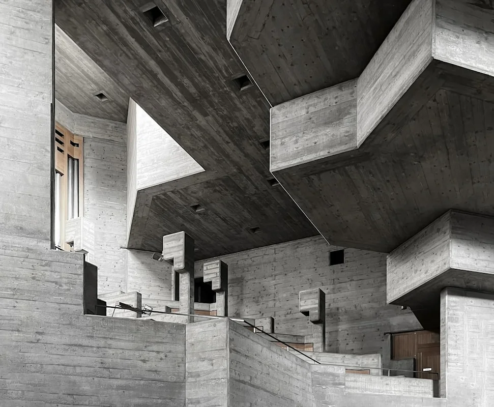 Brutalist concrete interior exposing raw architectural structural bones and framework