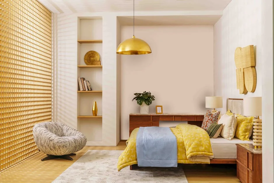 Warm-toned bedroom with gold dome pendant light, yellow bedding, and layered lighting for a cozy ambiance
