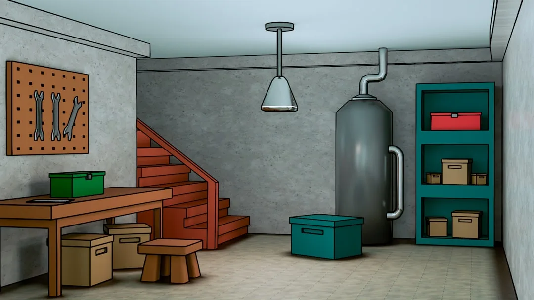 Illustrated finished basement with concrete walls, pendant light, water heater, workbench, and teal storage shelving
