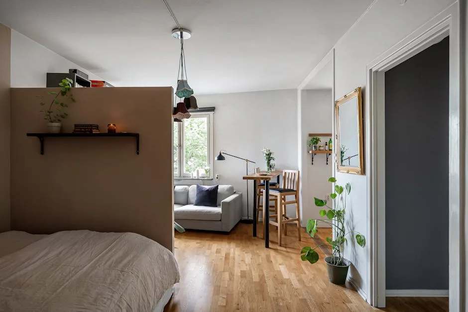 Studio apartment with layered pendant lighting, floor lamp, and natural window light over open-plan bedroom and living a