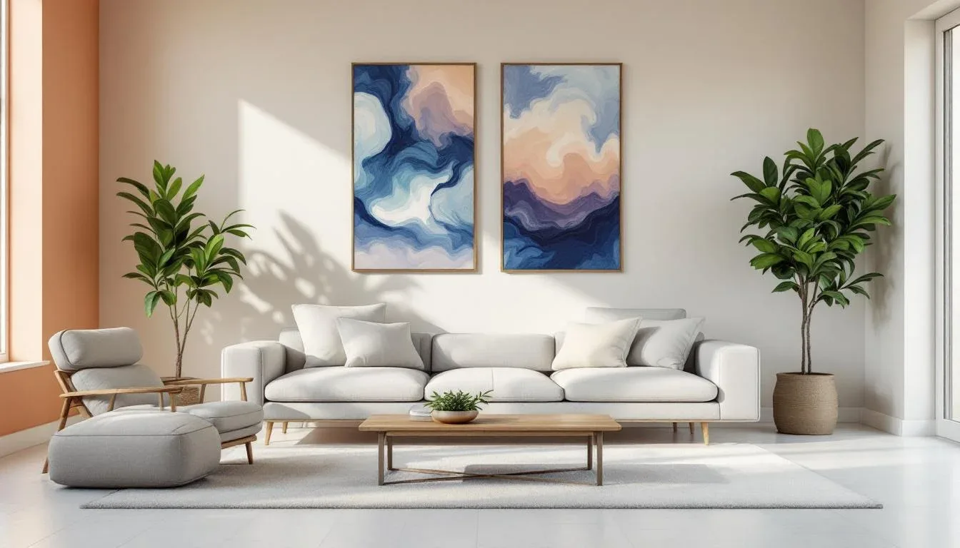 Minimalist living room with white sofa, wood coffee table, abstract wall art, and potted plants on white tile floor