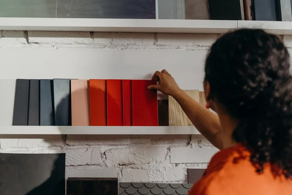 Woman selecting red and neutral color material swatches on a white display shelf for interior design planning