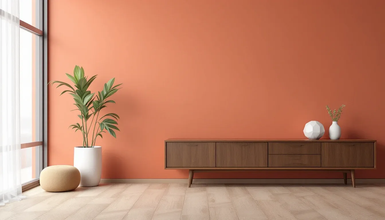 Minimalist room with terracotta orange wall, walnut wood sideboard, white ceramic vases, and tropical plant on light woo