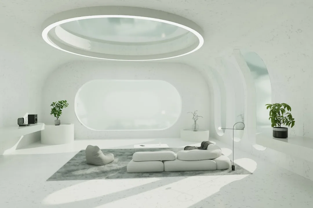 Futuristic minimalist white living room with curved walls, circular skylight, modular sofa, and green plants