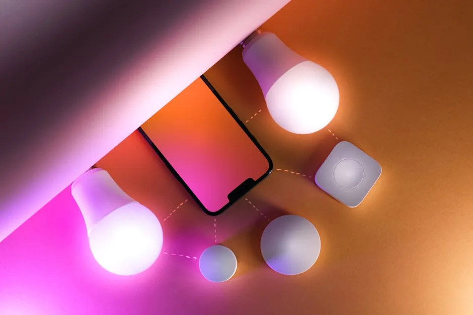 Smart bulbs connected to smartphone app showing smart lighting control system with hub and multiple bulbs