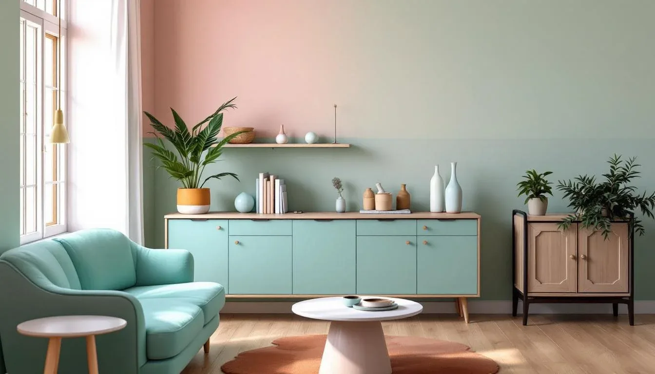 1950s-inspired living room with mint green sideboard, pastel pink walls, turquoise armchair, and wood accents