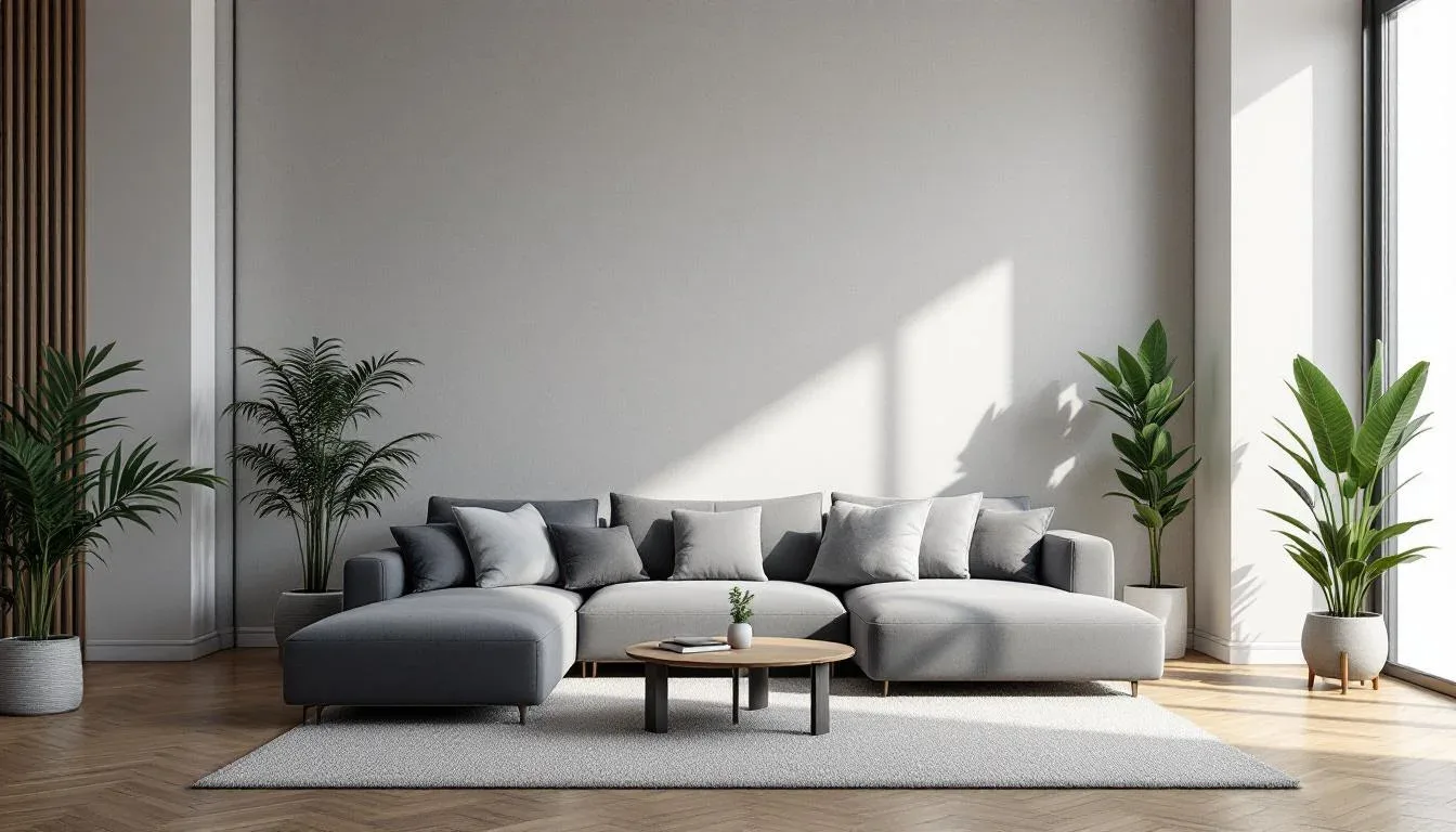 Modern living room with herringbone hardwood floor, gray sectional sofa, and minimalist decor showing room layout planni