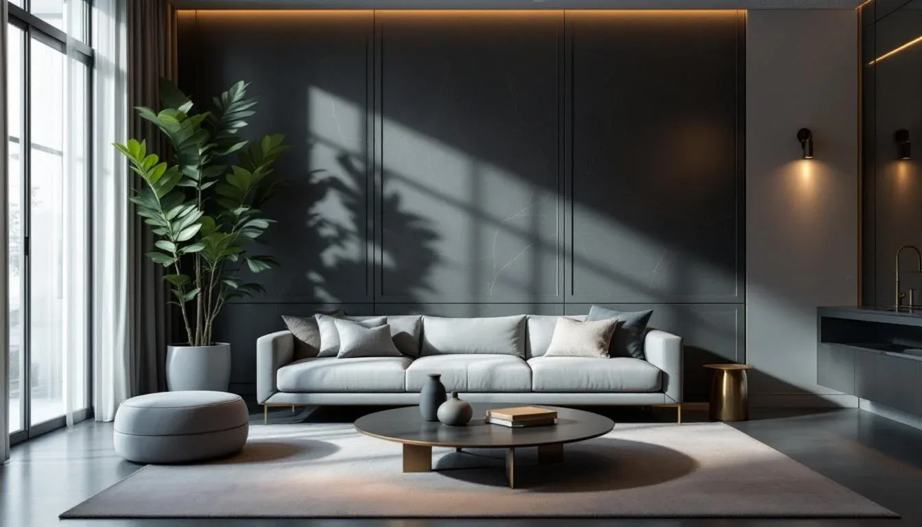Modern luxury living room with dark paneled walls, light gray sofa, round coffee table, gold accents, and indoor plant