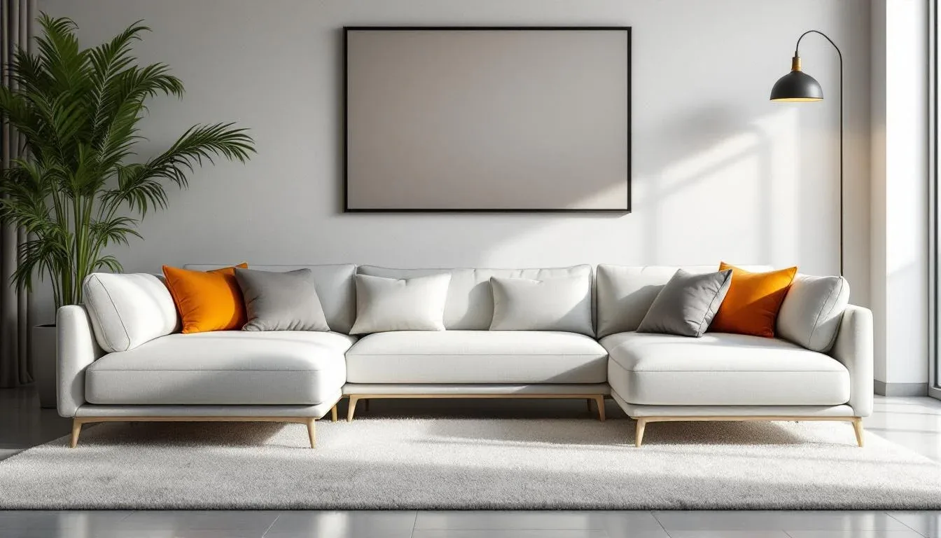 Large white L-shaped sectional sofa with orange accent cushions in a minimalist modern living room
