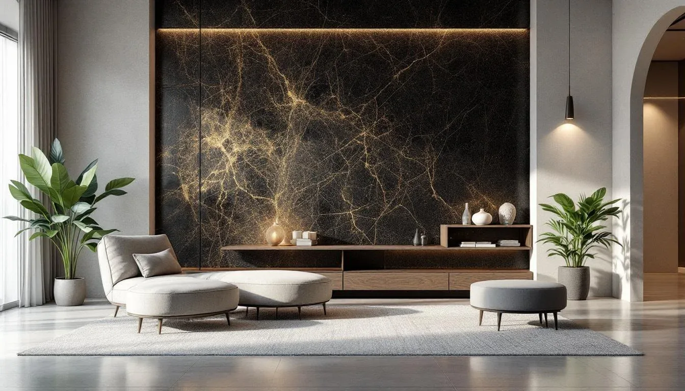 Modern living room with black and gold marble feature wall, neutral furniture, and warm accent lighting