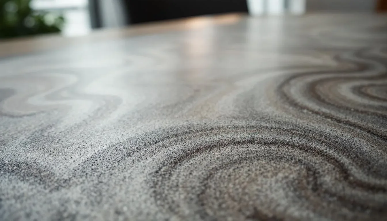 Close-up of textured matte stone surface with subtle swirl patterns showing finish and undertone details for bedroom des