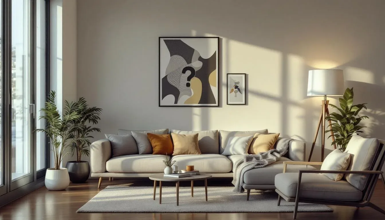 Modern minimalist living room with neutral sofa, warm accent pillows, floor lamp, and abstract wall art in natural light