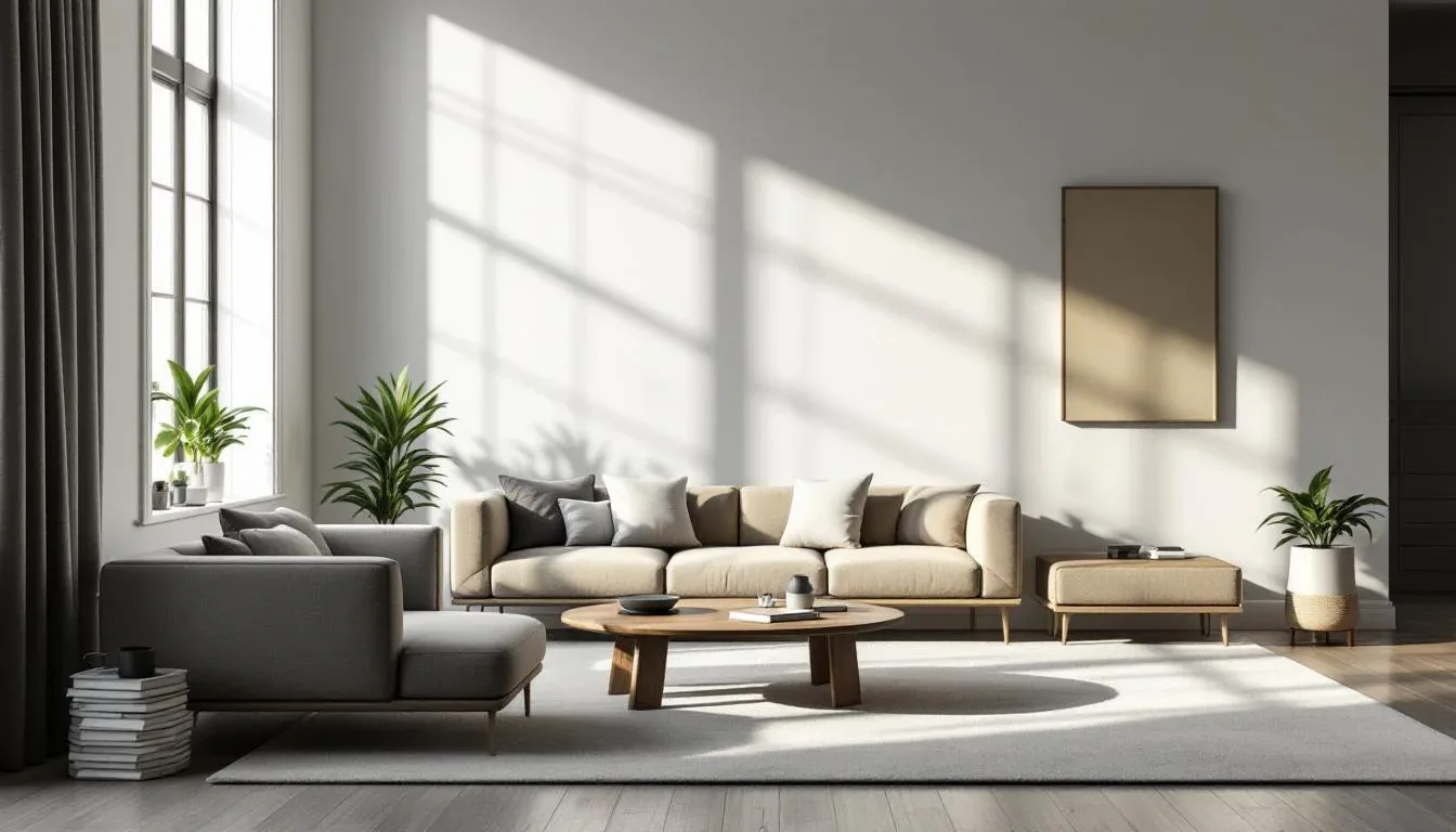 Minimalist living room with beige sofa, round wood coffee table, and natural light casting geometric shadows on white wa