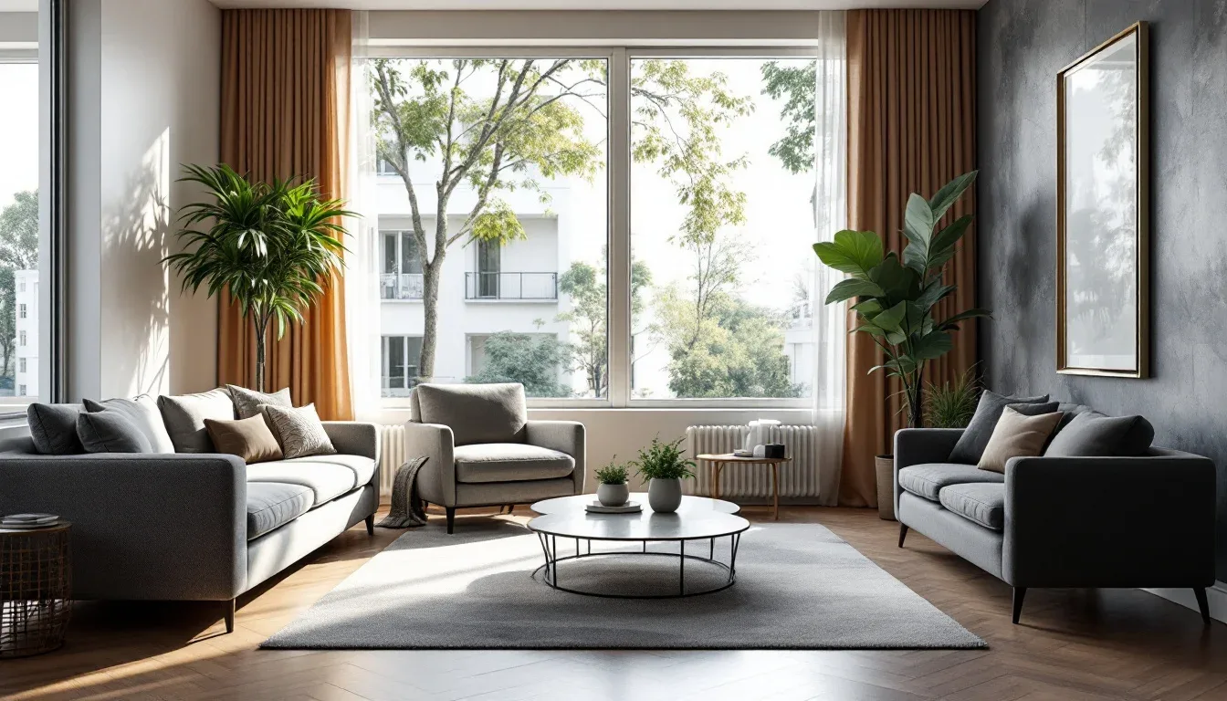 Modern living room with multiple seating arrangements showing spatial flow between sofas, armchair, and coffee table