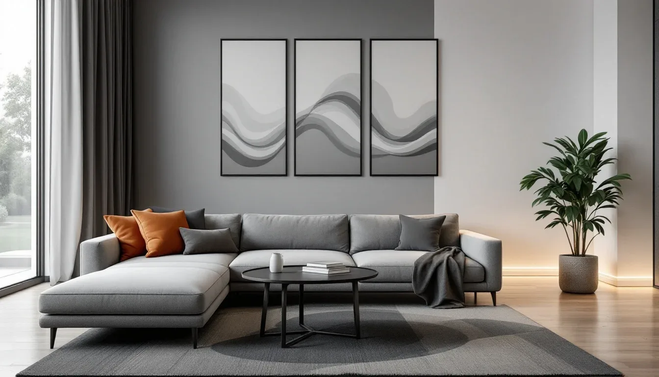 Modern living room with L-shaped gray sectional sofa, round coffee table, and abstract triptych wall art