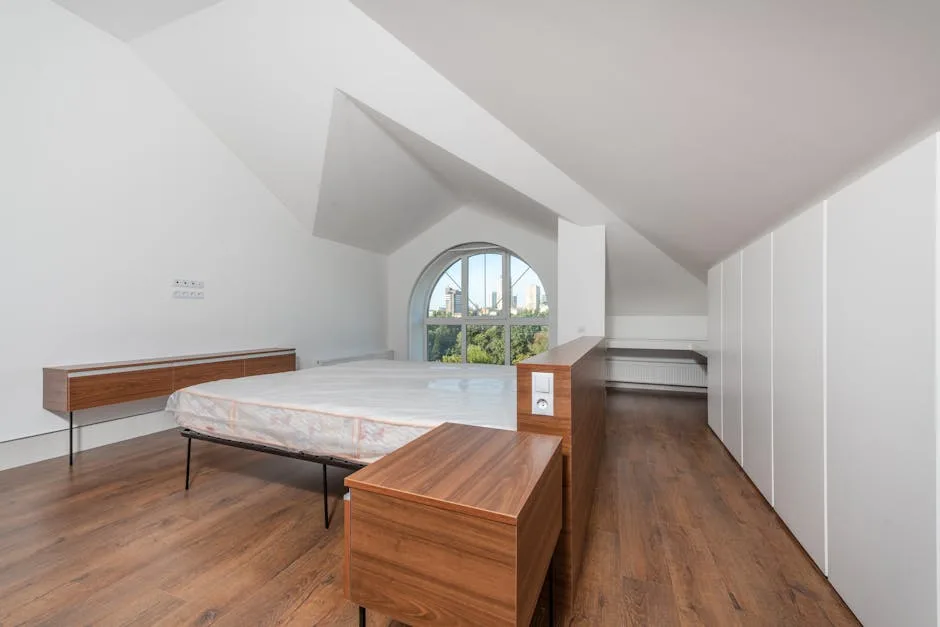 Minimalist attic bedroom with walnut furniture arrangement, hardwood floors, and arched window showing city view