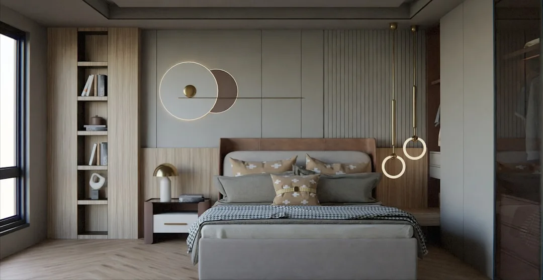 Modern bedroom with wood headboard, oversized bed, and built-in shelving showing balanced furniture layout in small spac
