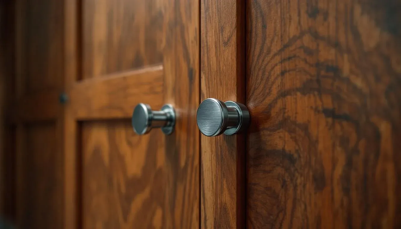 Brushed steel door knobs on rich walnut wood doors showing quality hardware contrast against natural grain